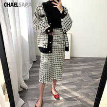 Spring Autumn High Waist Tweed Skirt Women's Vintage Office Double Breasted Plaid Knitted Midi Skirts 2024 - buy cheap