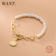 WANTME-pulsera de cadena de eslabones con perlas barrocas para mujer, de Plata de Ley 925 auténtica, retrato de marca redonda coreana, joyería Punk 2024 - compra barato