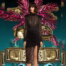 High Quality Black Elegant Patchwork Mid Bandage Dress Sexy Long Sleeve Lace Slim Split Women Evening Party Dress 2024 - buy cheap