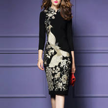 2022 Spring Plus Size Office Lady Stand Collar Black Slim Bodycon Dress Vestidos Flower Bird Gold Embroidery Dress Women DT005 2024 - buy cheap