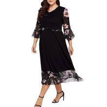 Chiffon Floral Party Dress Long Sleeve Plus Size Women Midi Dresses V Neck Wrap Vestidos Three Quarter Sleeve Casual Sukienka 2024 - buy cheap