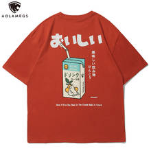 Aolamegs T-shirt Men Harajuku Kanji Drink Print Cat Embroidery Tee Tops Summer Casual Cozy High Street Fashion Streetwear Couple 2024 - buy cheap