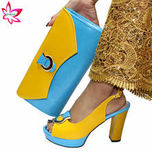 Conjunto de sapatos e bolsas super altos, amarelo e azul céu, para festa feminina, estilo africano, conjunto de calçados e bolsa combinando 2024 - compre barato