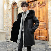 Mens Long Chamois Leather Coat Raccoon Fur Collar Men Leather Jacket Wool Liner Fur Outerwear Mens Winter Fur Coats 5XL 2024 - buy cheap