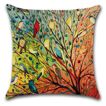 Hundred Bird Forest Oil Painting Printed Faux Linen Throw Pillowcase Emerald Green Blue Yellow Flower Trees Cushion Cover Set 2024 - buy cheap