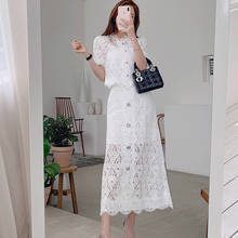 Conjunto de duas peças casual estilo coreano, plus size, 2020, blusa de renda transparente, com saia midi 2024 - compre barato