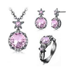 Black Gold Jewelry Set Romantic Cute Pink Crystal Ring Earring Pendant Flower Round Gemstone Wedding Engagement Luxury Jewelry 2024 - buy cheap