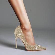 LAIGZEM-zapatos de tacón de aguja con lentejuelas para mujer, tacones metálicos brillantes de 10CM, para fiesta, boda, talla 33 43 2024 - compra barato