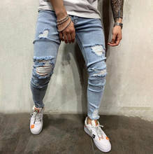 Мужские рваные джинсы в стиле хип-хоп, голубые потертые хлопковые повседневные джоггеры, узкие Стрейчевые джинсы, уличная одежда большого размера 2024 - купить недорого