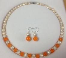 Fashion jewelry Free Shipping  Jewelry Pearl Set Wonderful! 7-8mm White Pearl Orange Jade Necklace Earring Set 18" 2024 - buy cheap