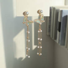 YAOLOGE  Pearl Beads Long Chain Pendant Earrings Bling Bright Golden Romantic Butterfly Earrings Fairy Female Fashion Jewelry 2024 - buy cheap