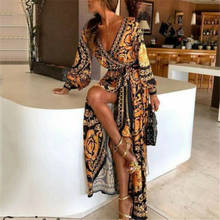 Hirigin Women Dress Vintage Deep V-neck Print Maxi Ladies Long Sleeve Formal Dresses Sexy Clubwear Party Sundress 2020 2024 - buy cheap