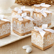 50 Uds caja de dulces decorativos dulces cajas de papel caja de regalo rústico y caja de papel Kraft de recuerdo de encaje con cinta de boda y fiesta 2024 - compra barato