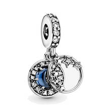 Free Shipping Authentic 925 Sterling Silver Blue Night Sky Crescent Moon and Stars Dangle Charm Fit Original Pandora Bracelet 2024 - buy cheap