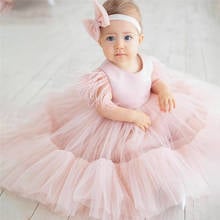 Rosa bebê meninas primeiro vestido de aniversário rufflers inchado tule pena menina festa de aniversário vestido linda menina roupas photoshoot 2024 - compre barato