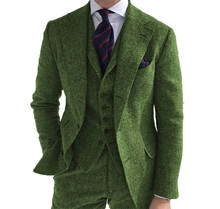 Traje Formal de lana verde para hombre, esmoquin de Tweed para boda, traje Formal de 3 piezas con solapa, esmoquin de fiesta, (Blazer + chaleco + Pantalones) 2024 - compra barato