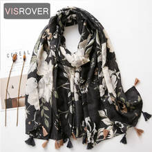 VISROVER-bufanda de viscosa con estampado de flores para mujer, chales negros con borlas, Hijab a la moda, para regalo, otoño e invierno, novedad 2024 - compra barato