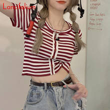 Y2k Korean Fashion Cute Kawaii Striped Buttons Cropped Contrast Patchwork Short Sleeve egirl baby tee Knit Rib Crop Top T Shirt 2024 - buy cheap