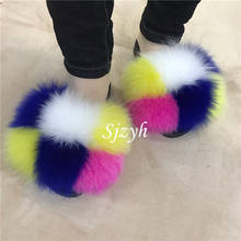 Wholesale Womens Summer Real Fox Fur Slides Ladies Rainbow Furry Slippers Luxury Fluffy Flip Flops Children's/Kids Plush Sandals 2024 - buy cheap