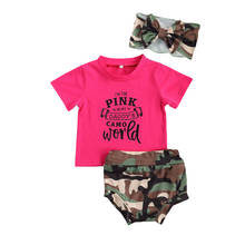 Roupas infantis de verão para meninas, 0-24m, blusas curtas estampadas de letras + shorts com estampa de camuflagem + tiara, roupas casuais 2024 - compre barato