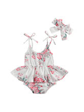 New 2Pcs Baby Summer Outfits Floral Print Tied Strappy Sling Dress Romper + Bow Hairband Suit for Toddlers, Girls, 0-24 Months 2024 - buy cheap