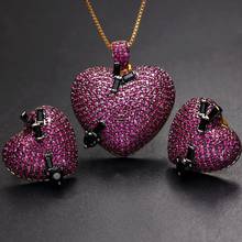 Luxury Heart Shape Stud Earrings Pendant Necklace Jewelry Sets Paved Micro Cubic Zirconia stone crystal Gold Color CZ Bridal Set 2024 - buy cheap