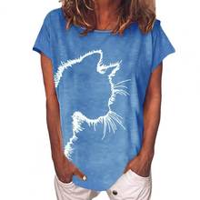 Camiseta de talla grande con estampado de cabeza de gato para mujer, camisetas holgadas de manga corta con cuello redondo, camiseta de verano 2024 - compra barato