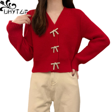 Кардиган UHYTGF для женщин, вязаный весенний свитер, пальто, красный, белый, черный, с V-образным вырезом, женский короткий жакет с длинными рукавами, женская одежда, 1297 2024 - купить недорого