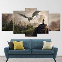 Arte de pared de 5 piezas, lienzo de juego, imagen de paisaje de dragón y ciudad, carteles e impresiones, Interior moderno para pinturas decorativas del hogar 2024 - compra barato