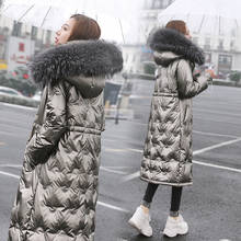 Inverno novo para baixo jaqueta feminina coreano solto parka casaco manter quente longo gola de pele grande brilhante pato branco para baixo roupas femininas 2024 - compre barato