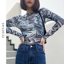 Yedinas Tie Dye Long Sleeve Crop Top Sexy Slim See Through Mesh Tops Flare Sleeve T Shirts Designer Y2k Fashion Streetwear Egirl 2024 - buy cheap