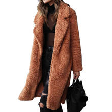 Chaqueta larga de lana de cordero para mujer, abrigo elegante de piel sintética con solapa, Color sólido, manga larga, talla grande 2024 - compra barato