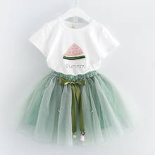 Летний комплект с юбкой для девочек, футболка с короткими рукавами и рисунком арбуза, юбка, комплект из 2 предметов, платье-пончо принцессы 2024 - купить недорого