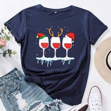 Camiseta de moda de verano para mujer, sombrero navideño de algodón de gran tamaño, estampado de copa de vino de talla grande 5XL, camiseta informal de manga corta con cuello redondo 2024 - compra barato