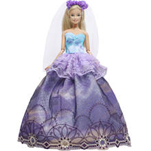 Lindo vestido de princesa roxo de renda gradiente elegante saia + véu vestido de baile de festa de casamento roupas para boneca barbie acessórios 2024 - compre barato