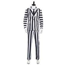 Beetlejuice adam cosplay traje dos homens preto e branco listrado terno jaqueta camisa calças roupas halloween carnaval 2024 - compre barato