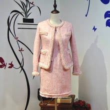 Jaqueta nobre elegante, branca, rosa, tweed, fina, imitação completa, pérolas, short, designer personalizado, vestido de festa feminino 2024 - compre barato