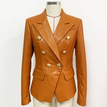 2021 New Women's Brown Coat Synthetic Leather Lion Head Metal Buckle Double Breasted Slim Suit Leather Jacket O05 2024 - buy cheap