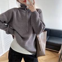 Women Turtleneck Sweater Zip Design Loose Thick Knit Jumper Lazy Knitwear Pullovers Fashion Casual Pull Femme Autumn Winter 2024 - buy cheap