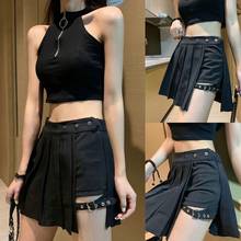 Womens Harajuku Punk Irregular Mini Pleated Skater Skirt Asymmetric Cutout High Waist Hip Hop Clubwear with Thigh Ring Shorts 2024 - купить недорого