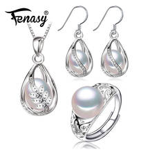 FENASY 925 Sterling Silver Set Freshwater Pearl Jewerly Sets For Women Cage Earrings Necklace Set Hollow Vintage Adjustment Ring 2024 - buy cheap