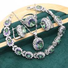 Oval arco-íris topázio 925 conjunto de jóias de prata para as mulheres pulseira hoop brincos colar pingente anel 2024 - compre barato