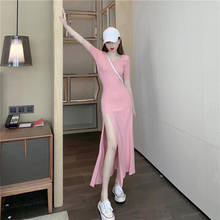 Qrwr verão vestido feminino 2021 moda coreana casual o pescoço dividir roupas femininas sexy plus size cor sólida vestido longo S-3XL 2024 - compre barato