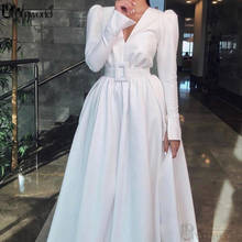 White Simple Long Sleeve Evening Dresses 2021 New Arrival V Neck Satin Evening Gowns with Belt A-Line Muslim Formal Party Dress 2024 - buy cheap