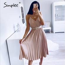 Simplee Sexy v-neck women party dress Elegant spaghetti strap female pleated office dress Solid female pink midi summer dresses 2024 - buy cheap