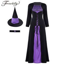 Fantasia para halloween cosplay, bruxa espinhos adultos, mulheres, fantasia fantasma, esqueleto, renda, vestido clássico com chapéu de bico 2024 - compre barato