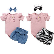 2021 Infant Baby Girls Three-piece Clothes Set Round Collar Short Sleeve Romper Shorts Headdress Blue/ Black 2024 - buy cheap