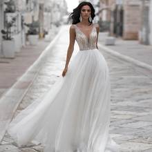 Vestido de noiva personalizado, sem mangas, brilhante, decote em v, costas nuas, branco, marfim, tule 2024 - compre barato