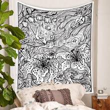 Tapiz Floral de pintura negra, tapiz de pared con estampado de olas de mar en blanco y negro, tapices con patrón de sirena de flores, decoración de dormitorio 2024 - compra barato