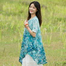 Blusa feminina folgada estilo chinês, camiseta feminina estilo rami assimétrica estampada 2020 2024 - compre barato